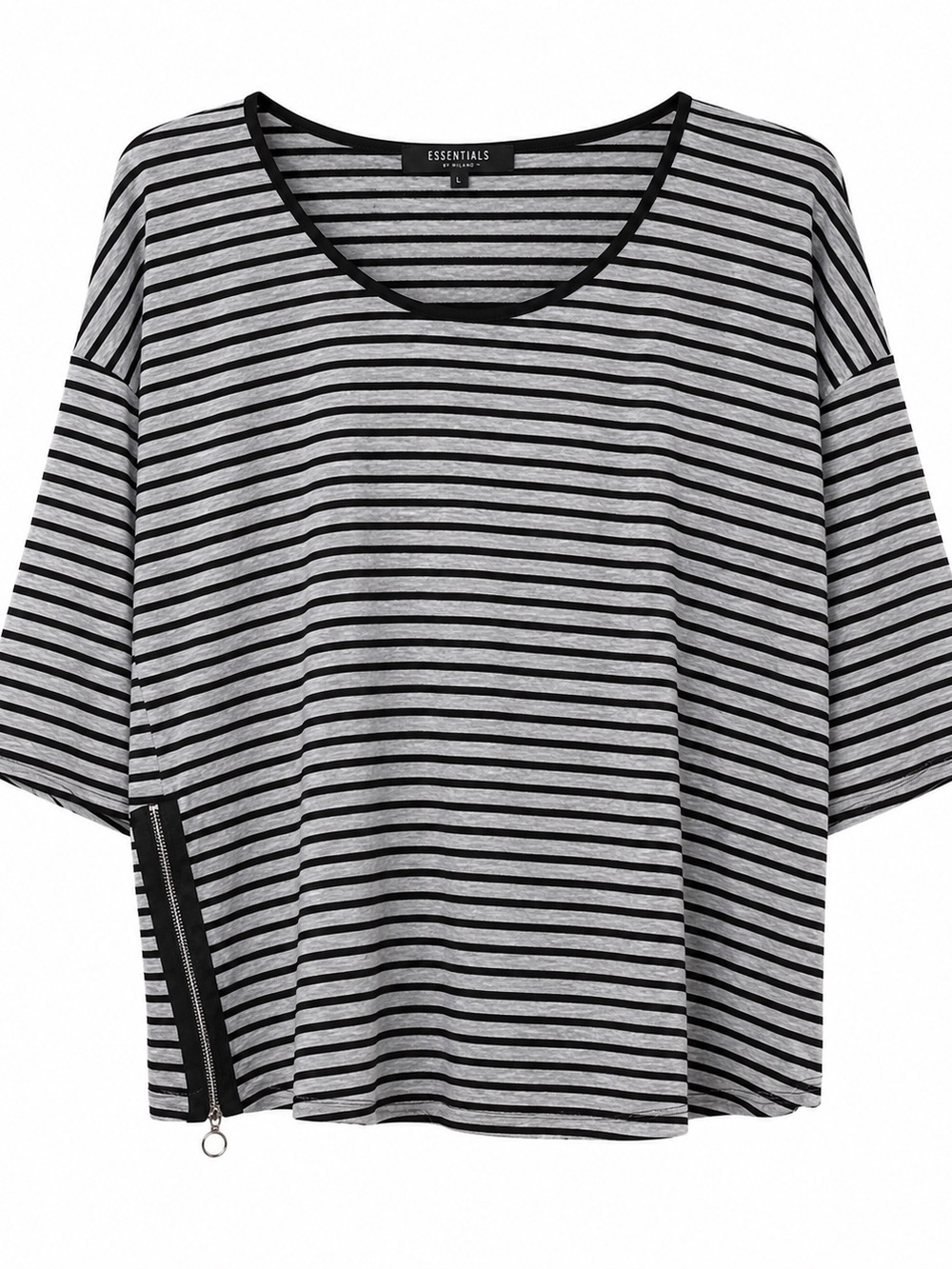 Essentials by Milano Striped Side Zipper Top Blouse L Gray Black 3/4 Sleeve